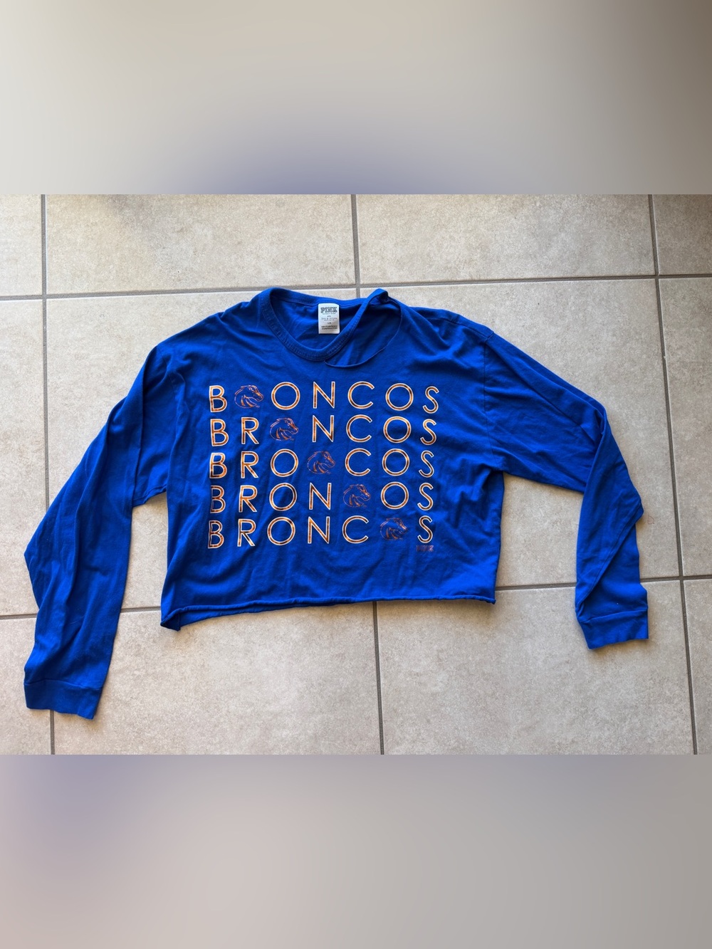 Victoria’s Secret PINK Boise State Broncos Cropped Long Sleeve Shirt L Blue